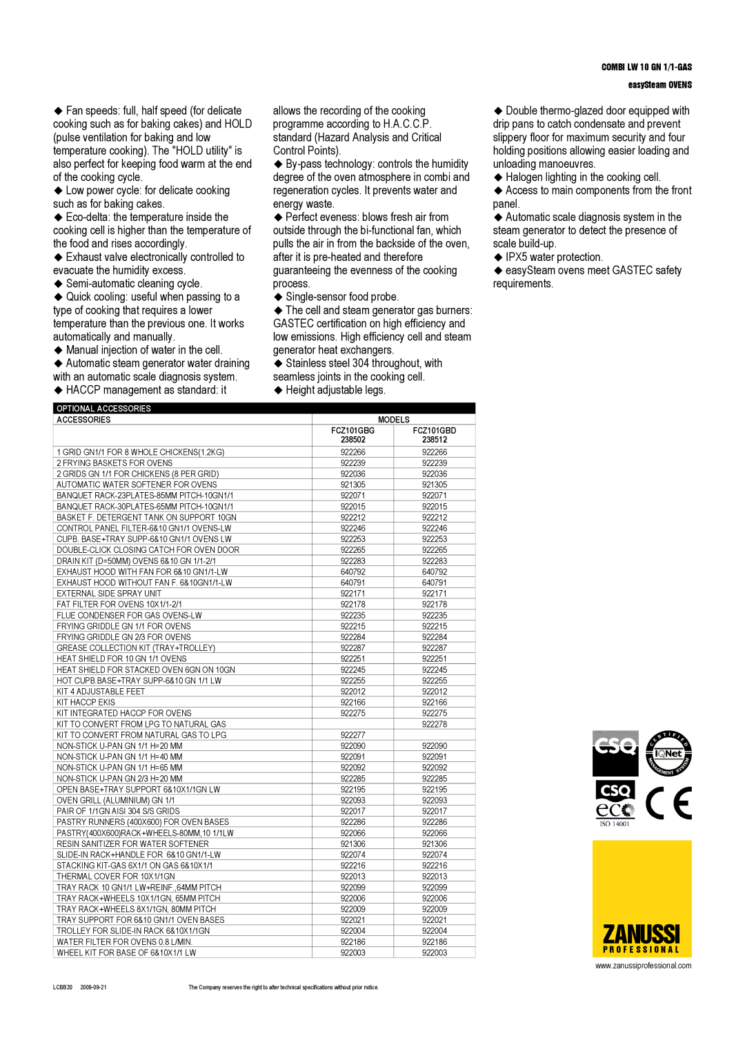 Zanussi FCZ101GBG, 238512, 238502, FCZ101GBD dimensions Optional Accessories, Accessories Models 