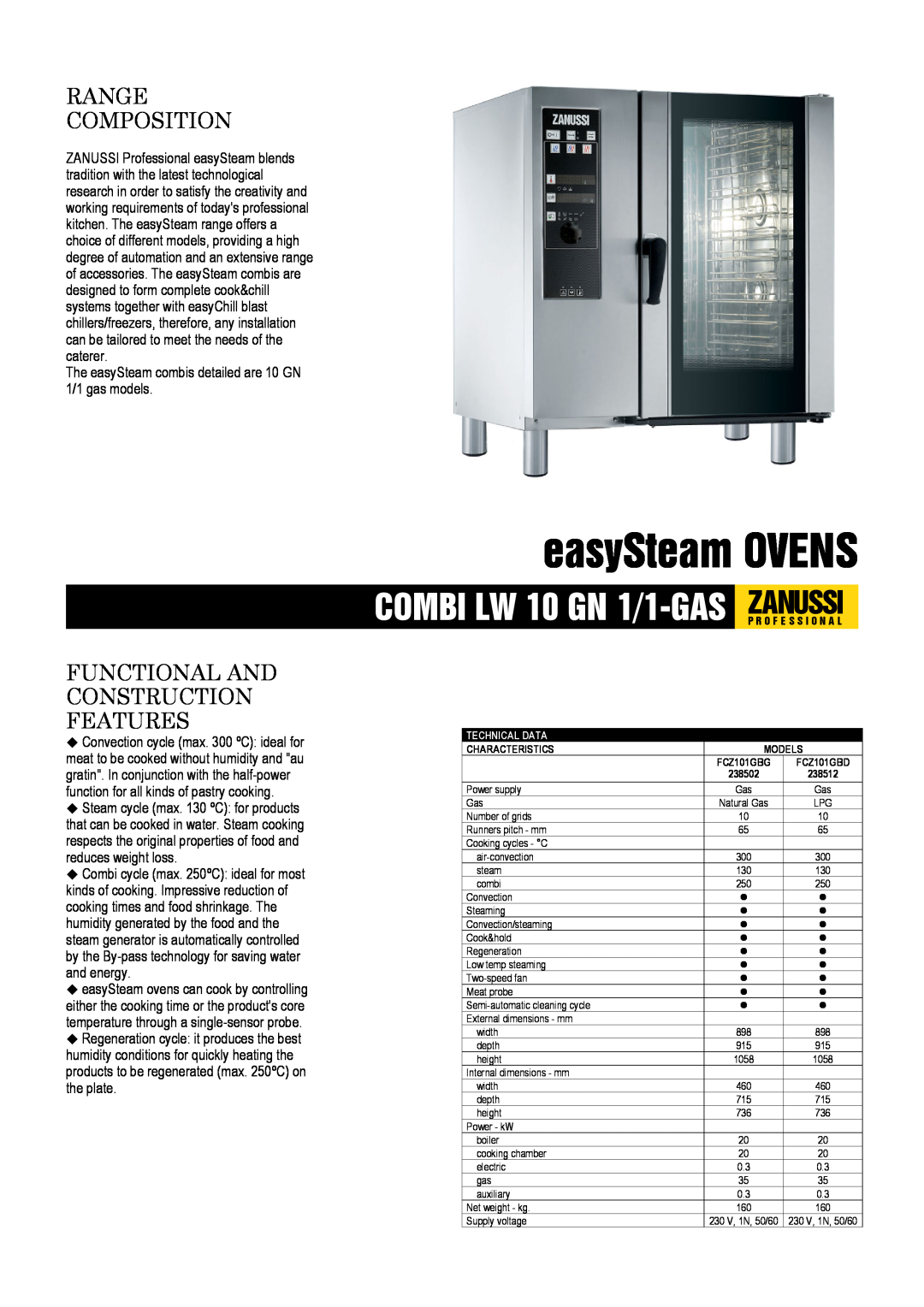 Zanussi 238502, 238512, FCZ101GBG dimensions easySteam OVENS, Range Composition, Functional And Construction Features 