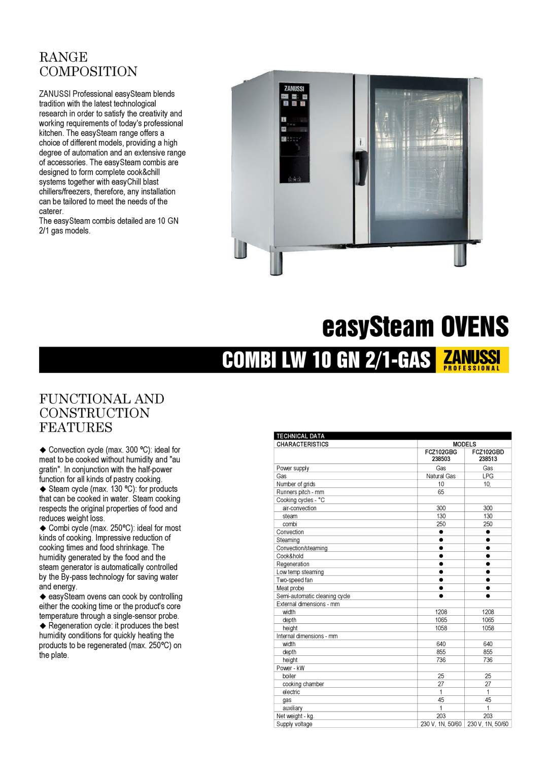 Zanussi 238503 dimensions Range Composition, Functional and Construction Features, Technical Data, Characteristics Models 