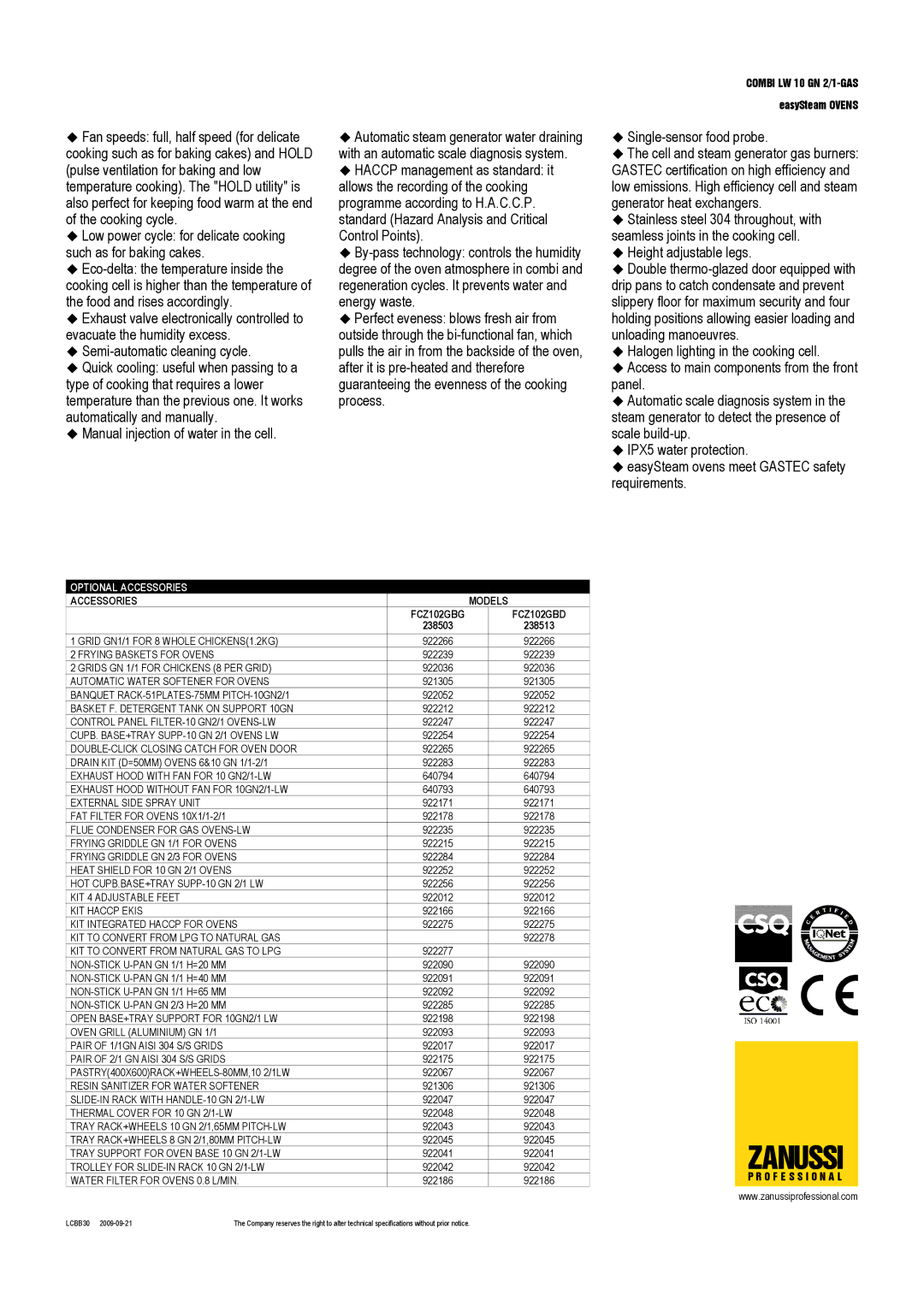 Zanussi FCZ102GBG, 238513, 238503, FCZ102GBD dimensions Optional Accessories, Accessories Models 