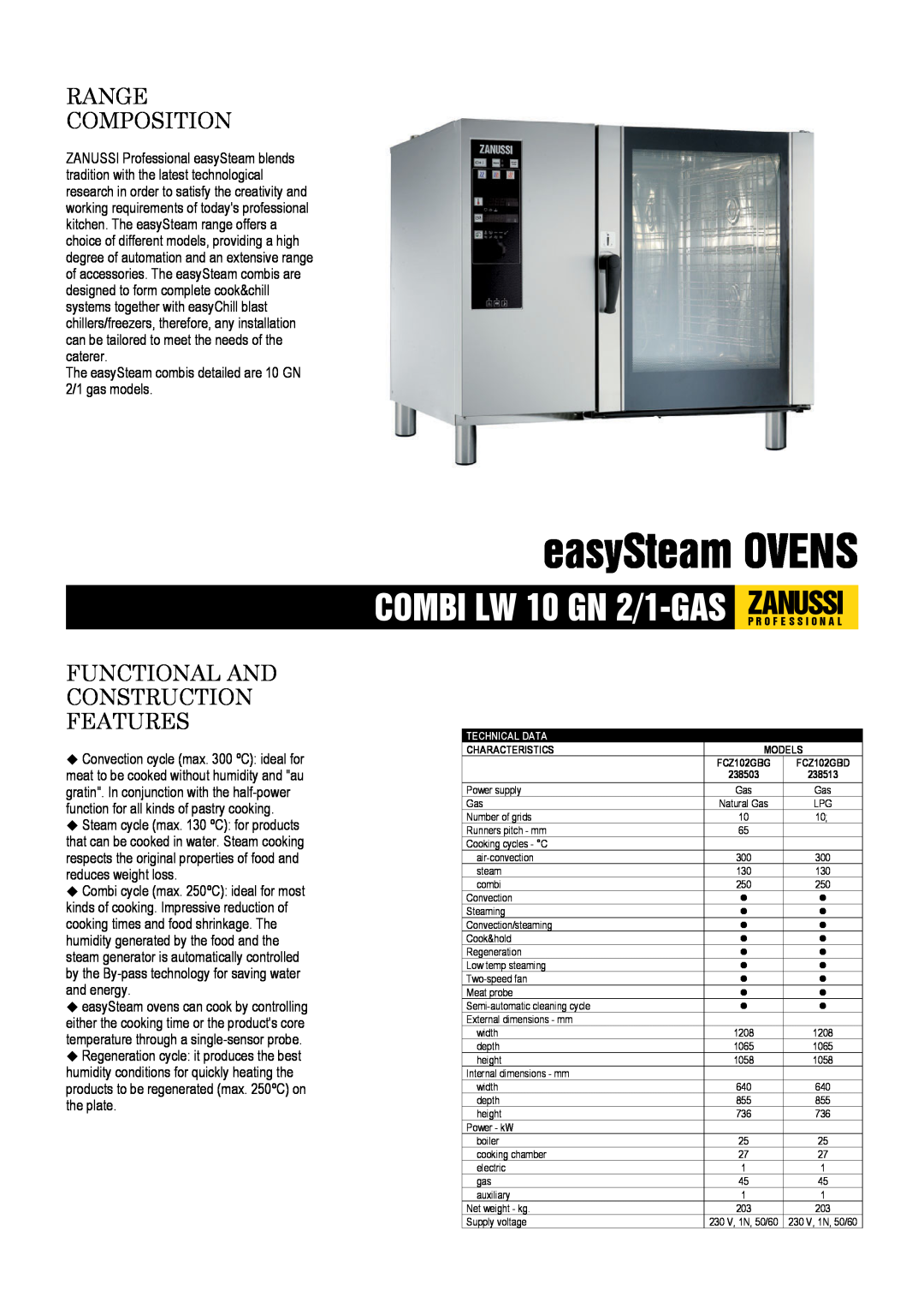 Zanussi 238503, 238513, FCZ102GBG dimensions easySteam OVENS, Range Composition, Functional And Construction Features 