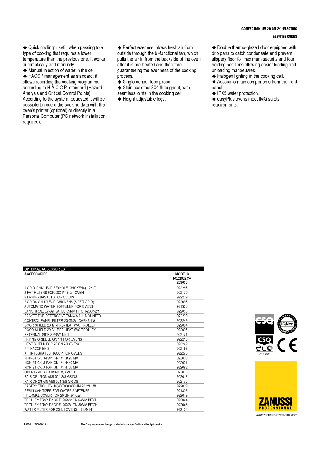 Zanussi 239005, FCZ202ECA dimensions Optional Accessories, Accessories Models 