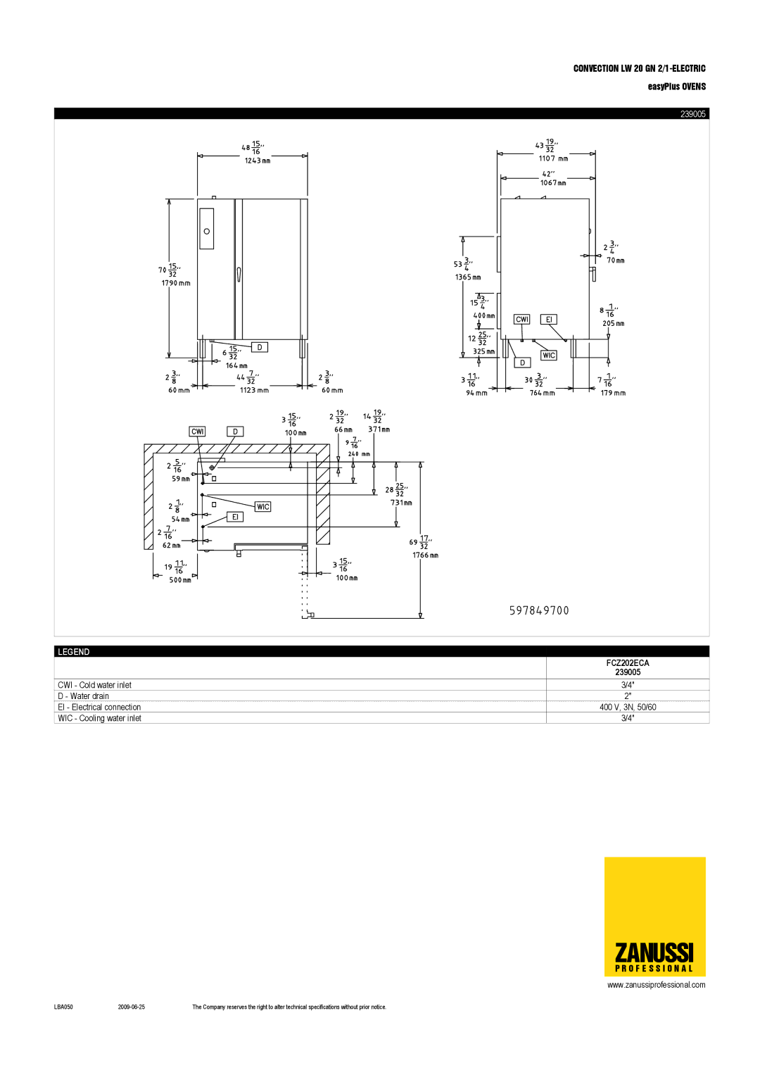 Zanussi FCZ202ECA, 239005 dimensions Zanussi 