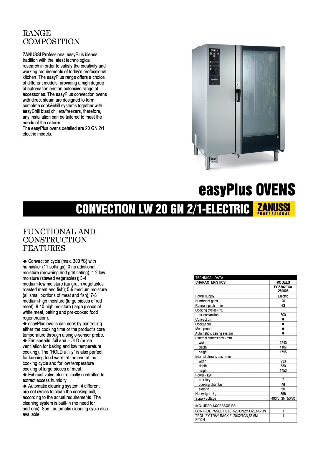Zanussi FCZ202ECA, 239005 dimensions easyPlus OVENS, Range Composition, Functional And Construction Features 