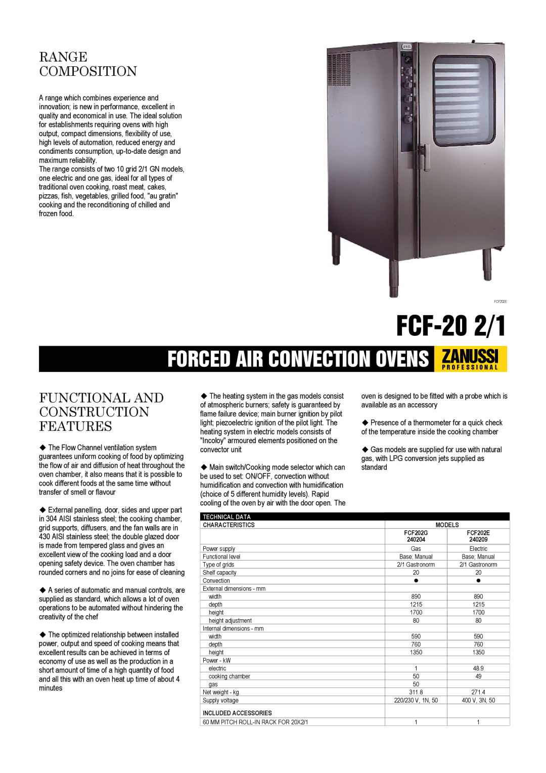 Zanussi 240209, 240204 dimensions FCF-20 2/1 