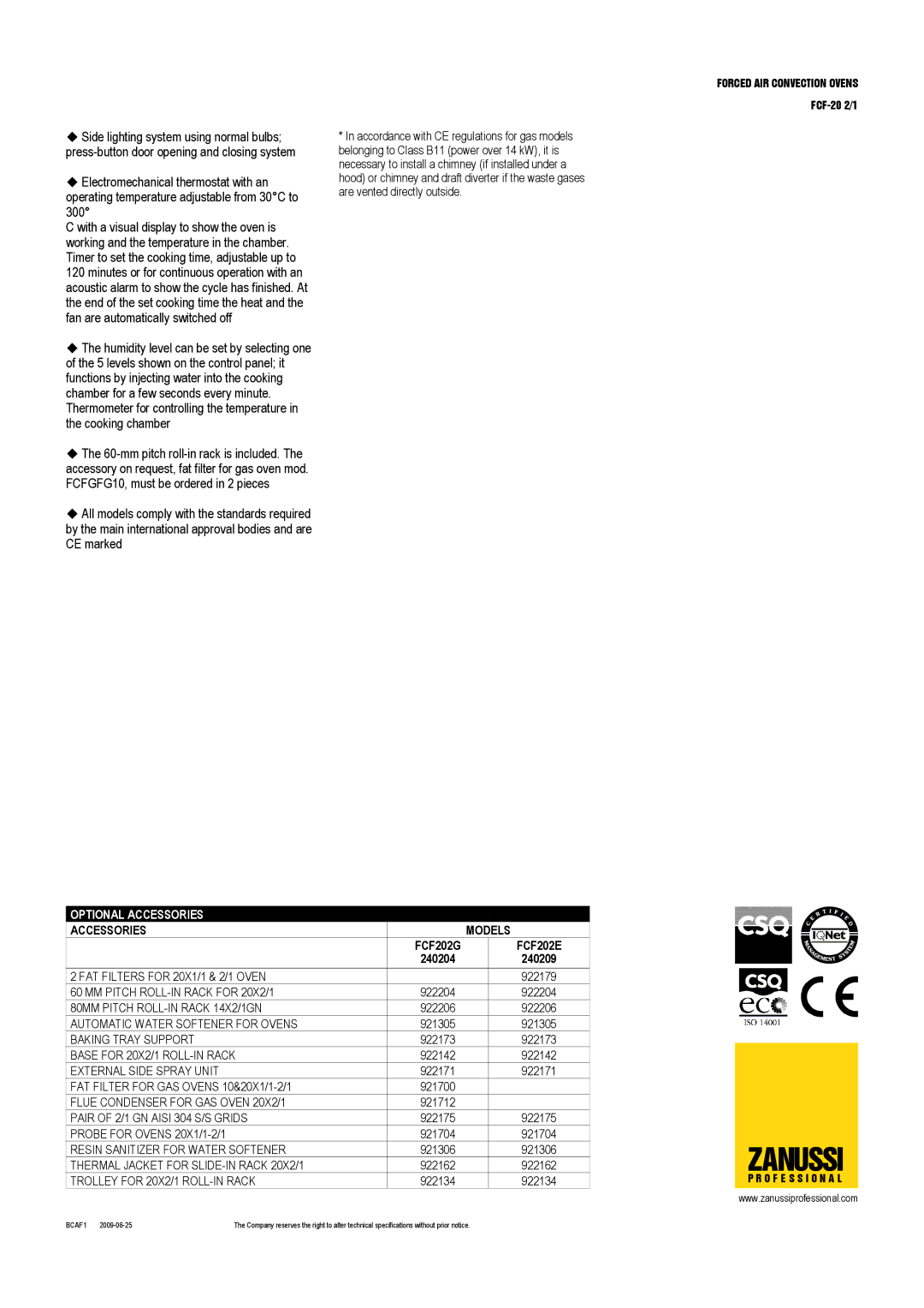 Zanussi 240204, 240209 dimensions Zanussi 