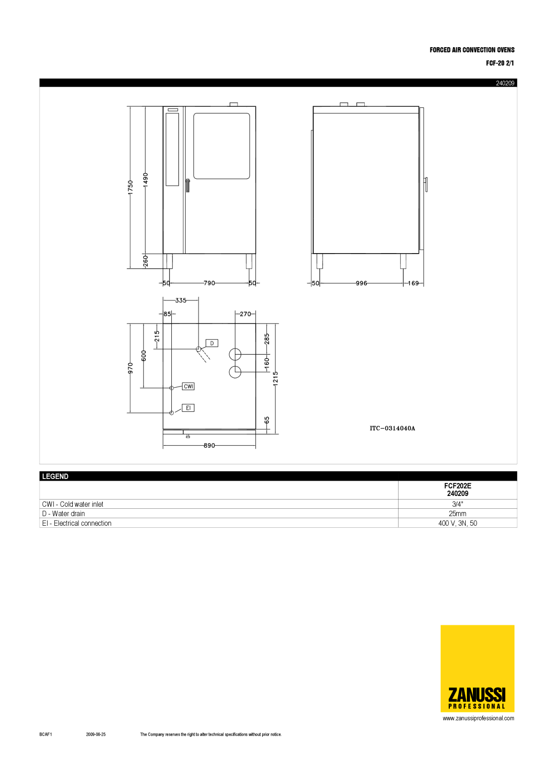 Zanussi 240204, 240209 dimensions EI Electrical connection 400 V, 3N 