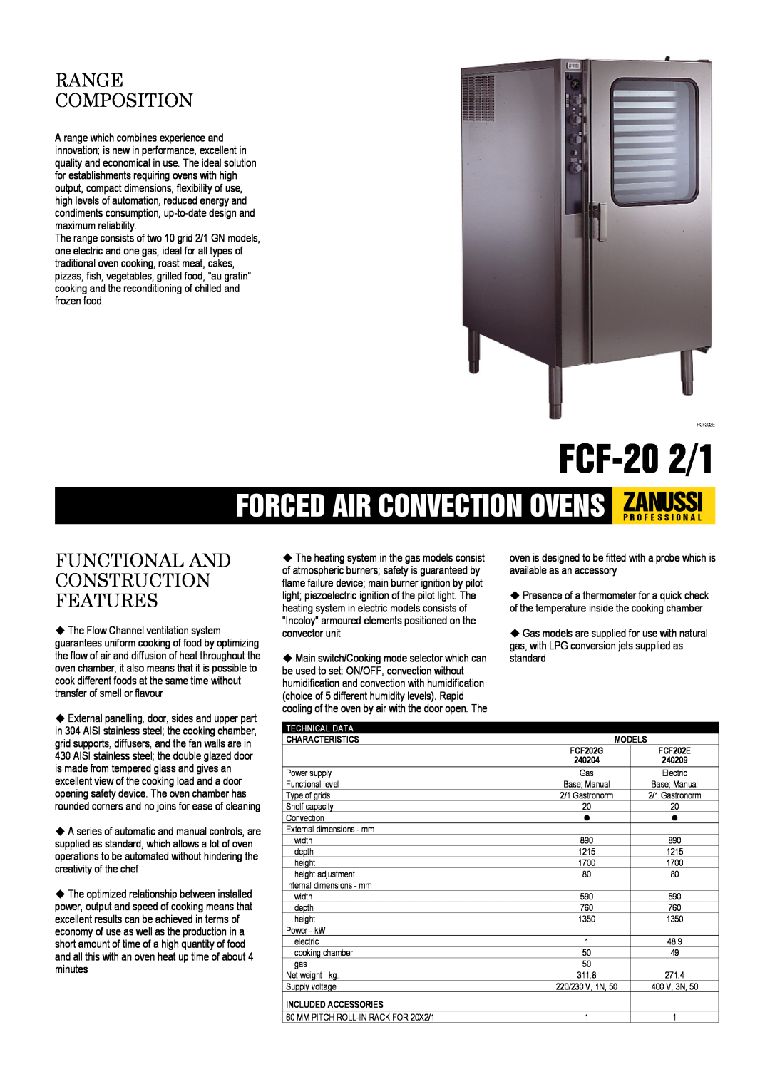 Zanussi 240209, 240204 dimensions FCF-202/1, Range Composition, Functional And Construction Features 