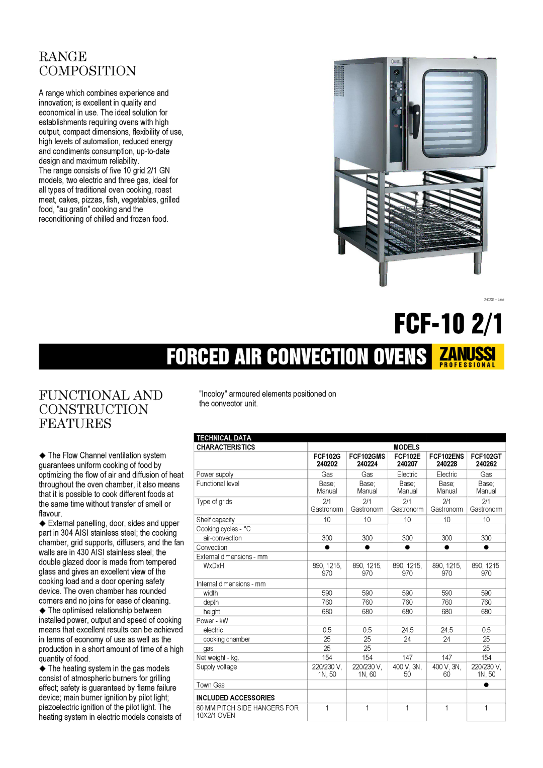 Zanussi FCF-10 2/1, 240228, 240202, 240207, 240224, 240262 dimensions Technical Data, Characteristics, Included Accessories 