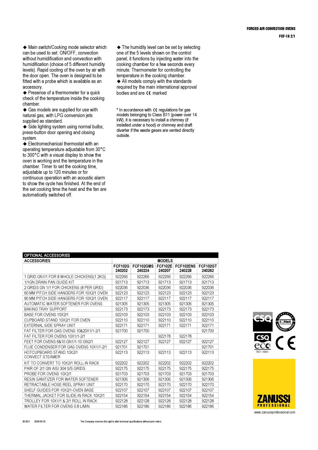 Zanussi 240202, 240228, FCF-10 2/1, 240207, 240224, 240262, FCF102ENS, FCF102GT Optional Accessories, Accessories Models 