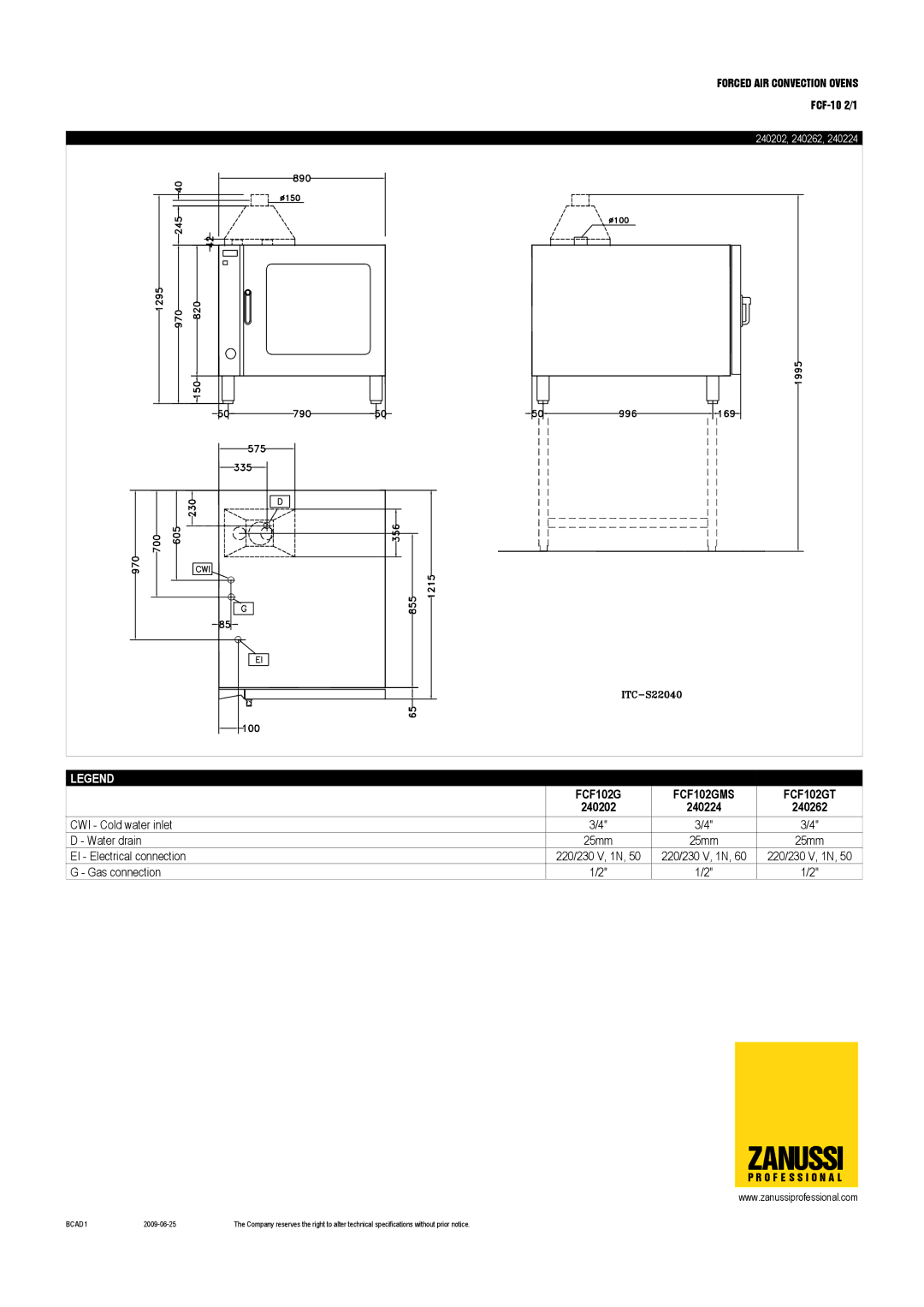 Zanussi 240207, 240228, FCF-10 2/1, 240202, 240224, 240262, FCF102ENS, FCF102GT, FCF102GMS dimensions Zanussi 