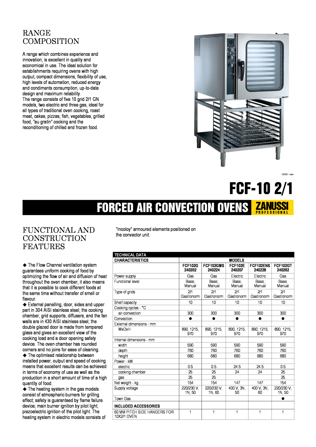 Zanussi FCF-10 2/1, 240228, 240202, 240207 dimensions FCF-102/1, Range Composition, Functional And Construction Features 