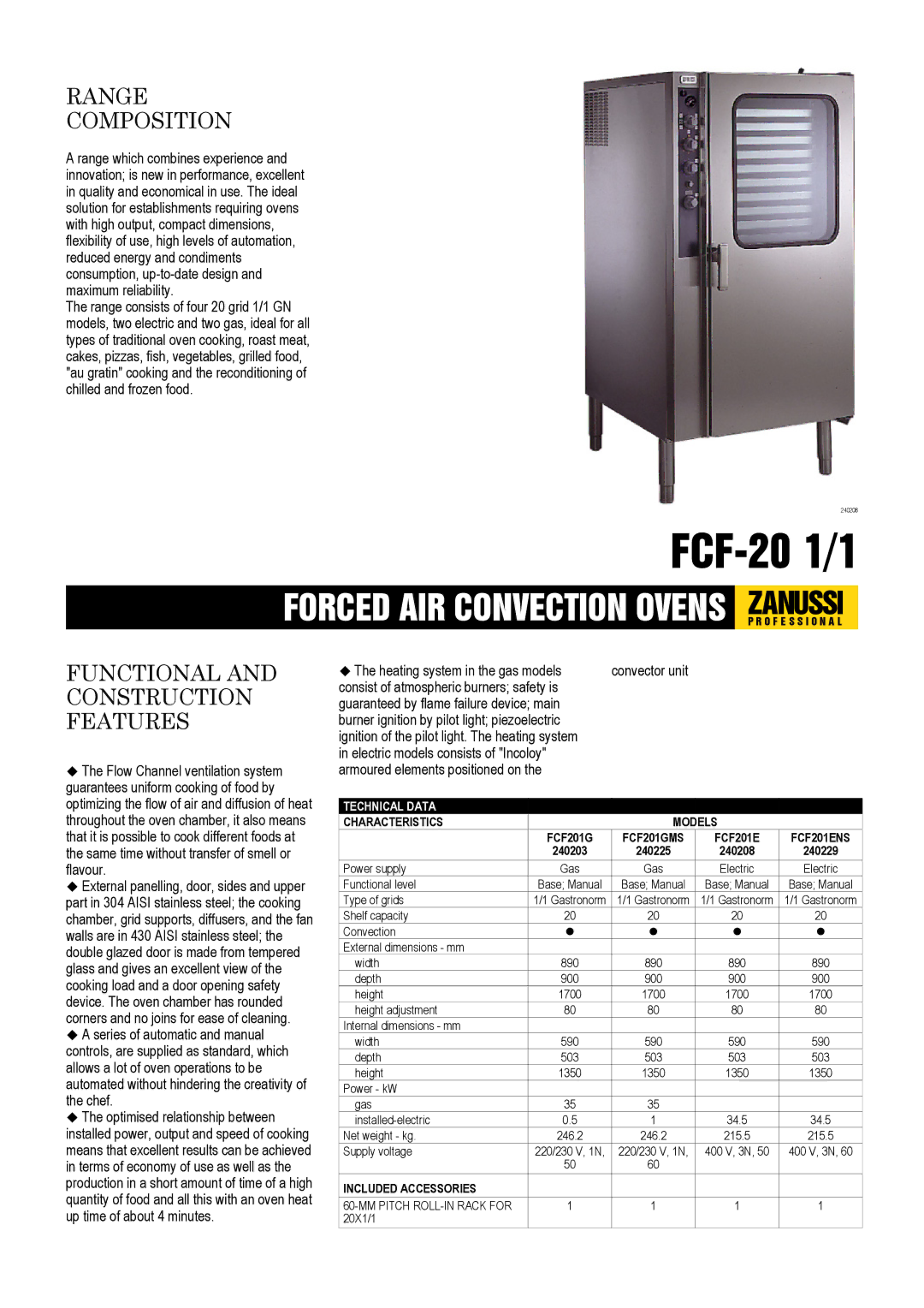 Zanussi 240203, 240229, 240208, 240225, FCF-20 1/1 dimensions Technical Data, Characteristics Models, Included Accessories 