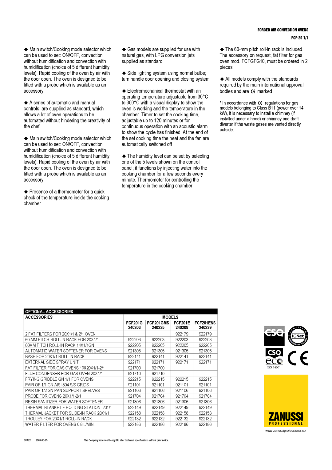 Zanussi 240208, 240229, 240203, 240225, FCF-20 1/1, FCF201GMS, FCF201ENS dimensions Optional Accessories, Accessories Models 