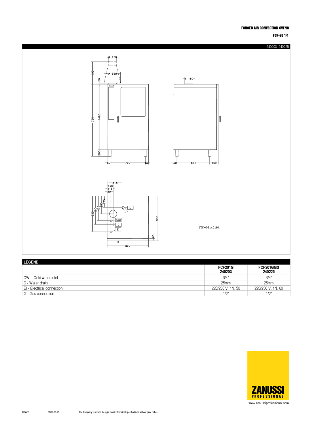 Zanussi 240225, 240229, 240203, 240208, FCF-20 1/1, FCF201GMS, FCF201ENS dimensions Zanussi 