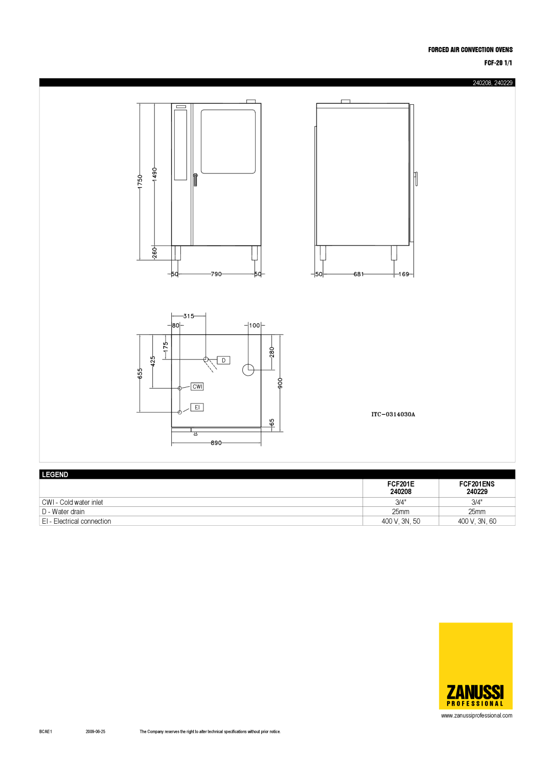 Zanussi FCF-20 1/1, 240203, 240225, FCF201GMS, FCF201ENS dimensions 240208 240229 