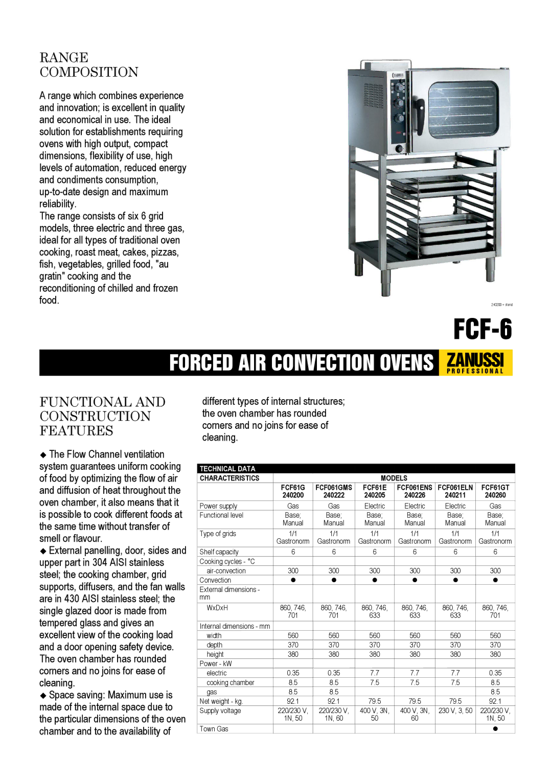 Zanussi FCF-6, 240260, FCF061ENS, 240226, 240222, 240211, 240200, FCF061ELN dimensions Technical Data, Characteristics Models 