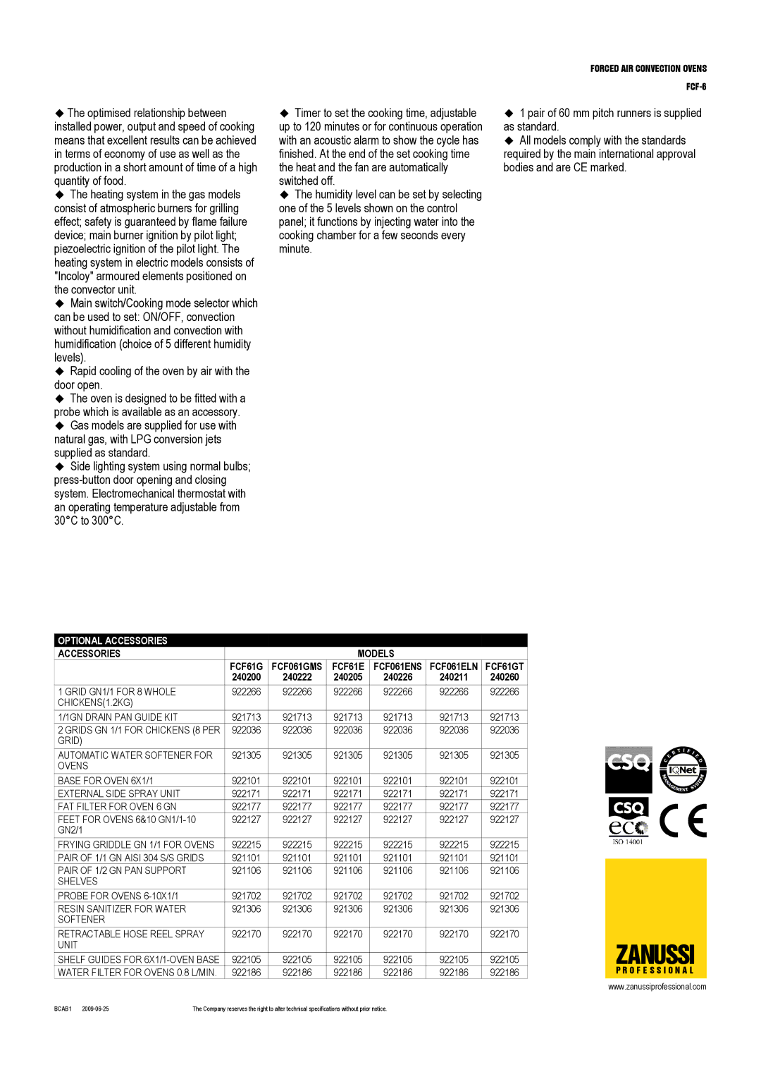 Zanussi FCF061ENS, 240260, FCF-6, 240226, 240222, 240211, 240200, FCF061ELN, 240205 Optional Accessories, Accessories Models 