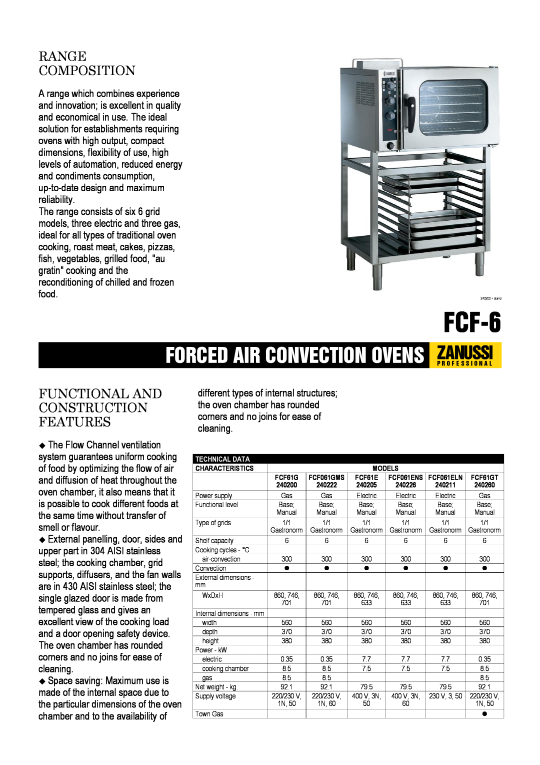 Zanussi FCF-6, 240260, FCF061ENS, 240226, 240222, 240211 dimensions Range Composition, Functional And Construction Features 