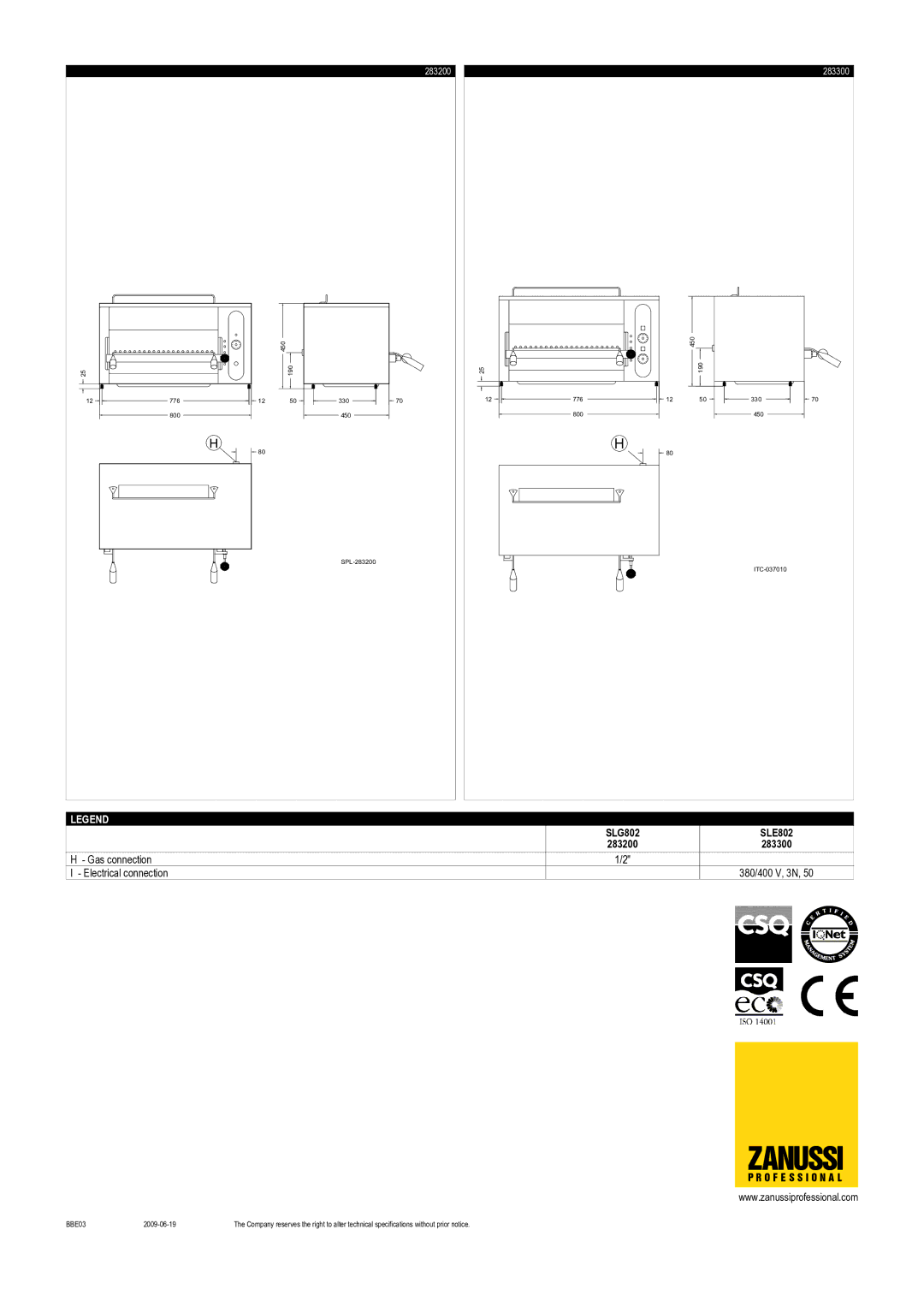 Zanussi SLG802, 283200, 283300 Zanussi, Gas connection Electrical connection 380/400 V, 3N, O F E S S I O N a L, BBE03 