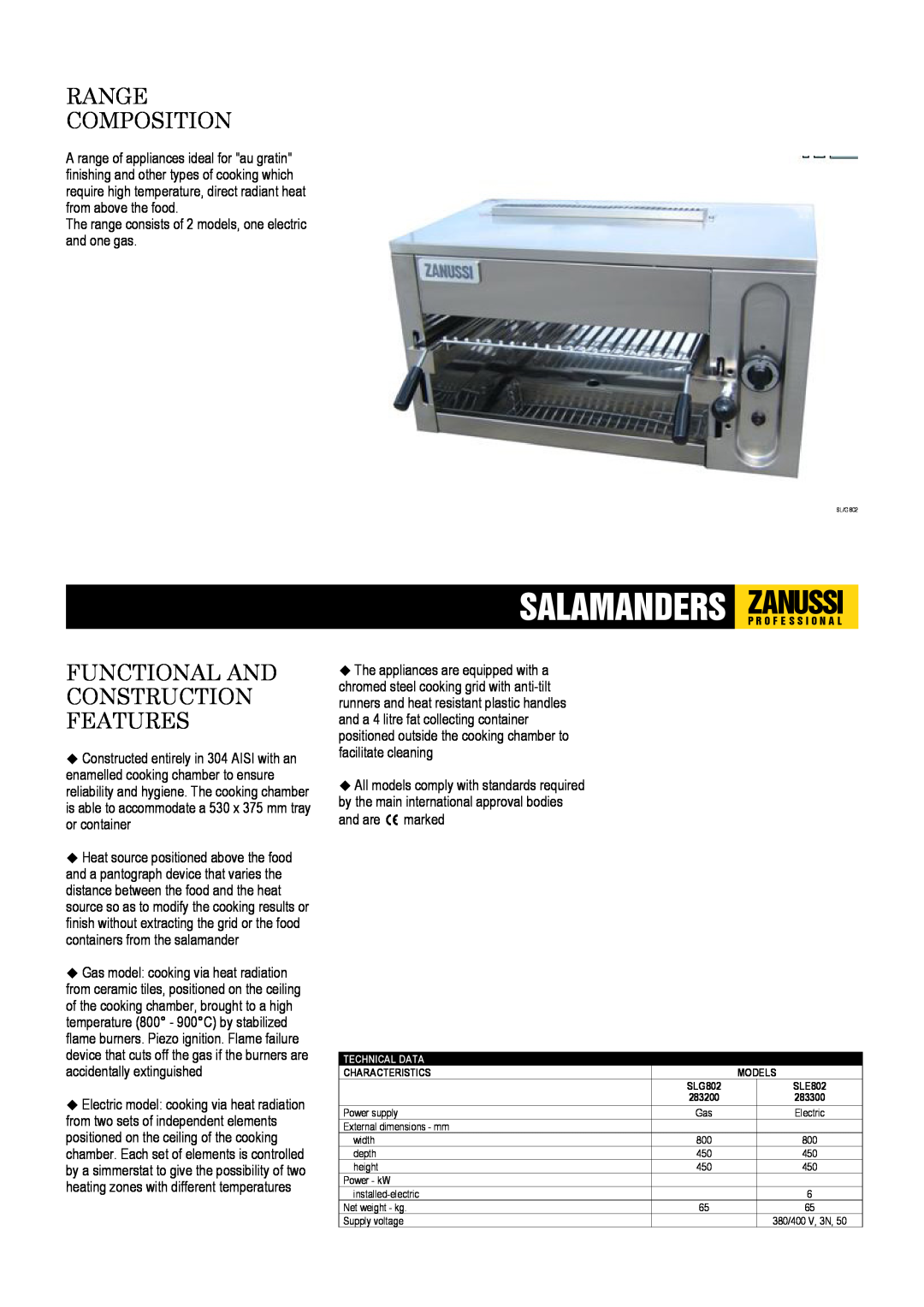 Zanussi 283300, 283200, SLG802, SLE802 dimensions Range Composition, Functional And Construction Features, Technical Data 