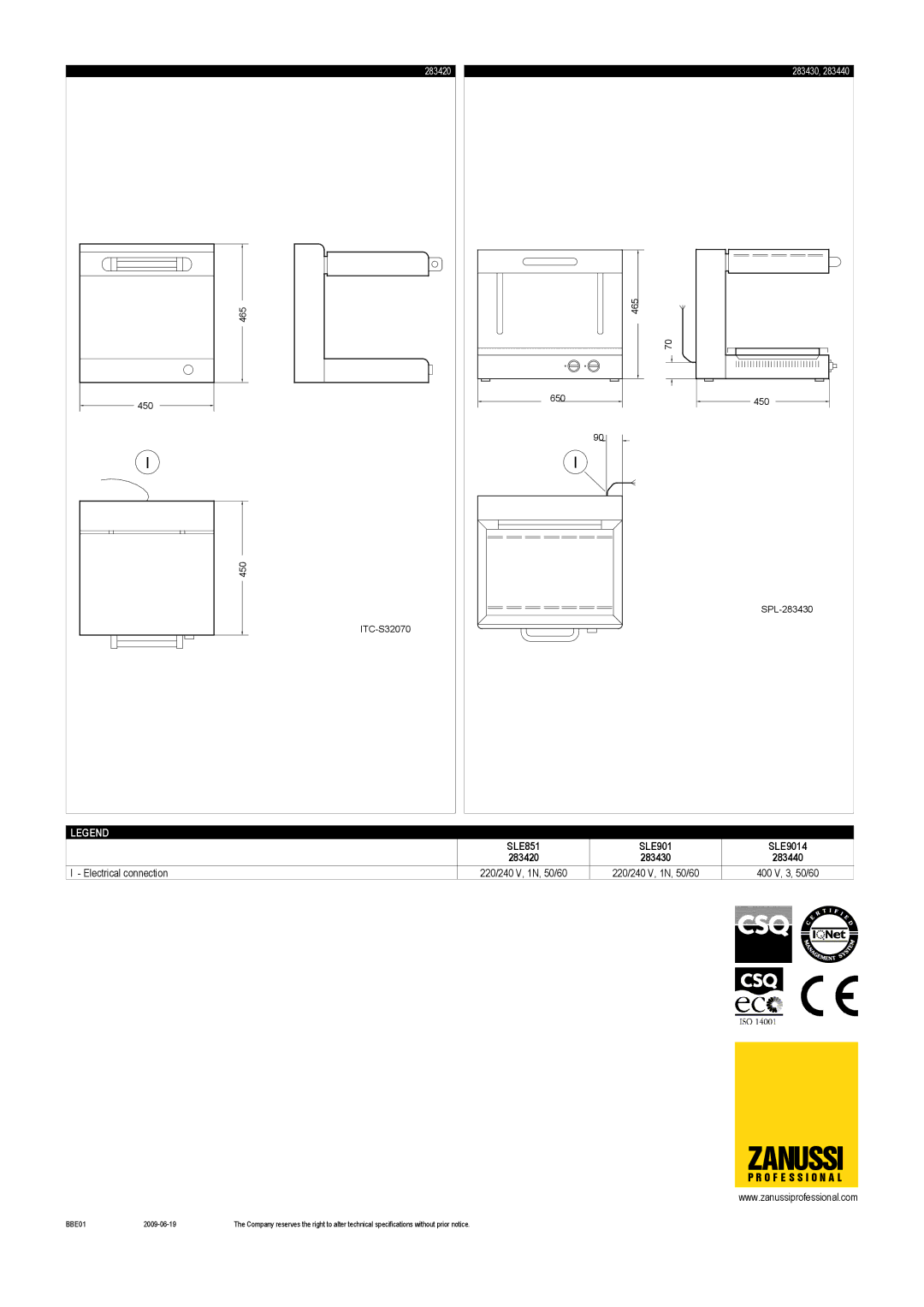 Zanussi 283440, 283430, 283420, SLE851, SLE9014 dimensions Zanussi, O F E S S I O N a L, BBE01 