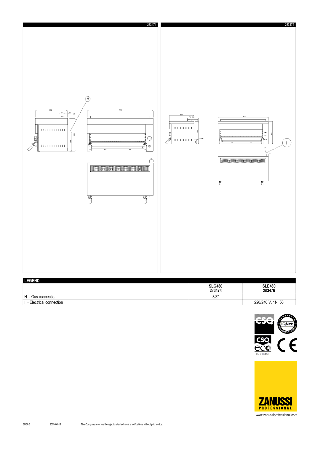 Zanussi SLG480, 283476, 283474, SLE480 dimensions Zanussi 