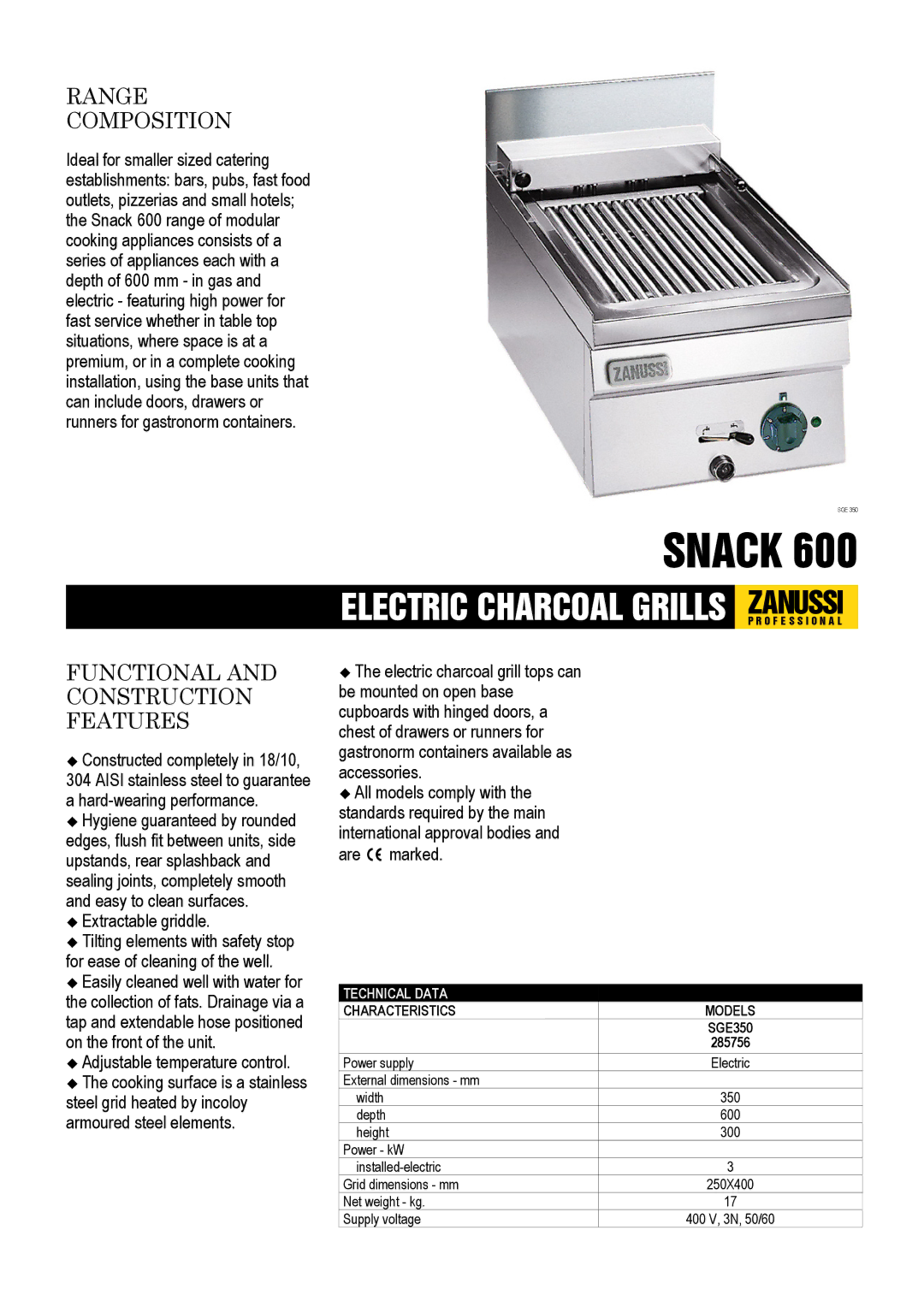 Zanussi SGE350, 285756 dimensions Range Composition, Functional and Construction Features 