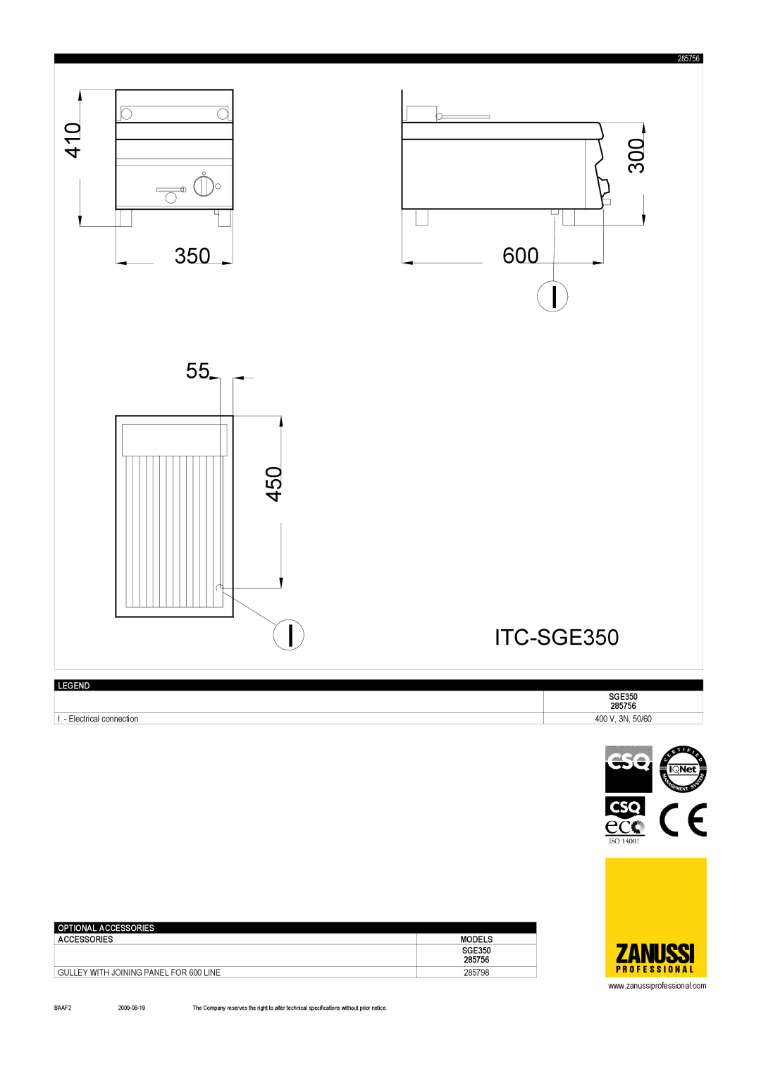 Zanussi 285756, SGE350 dimensions Zanussi 