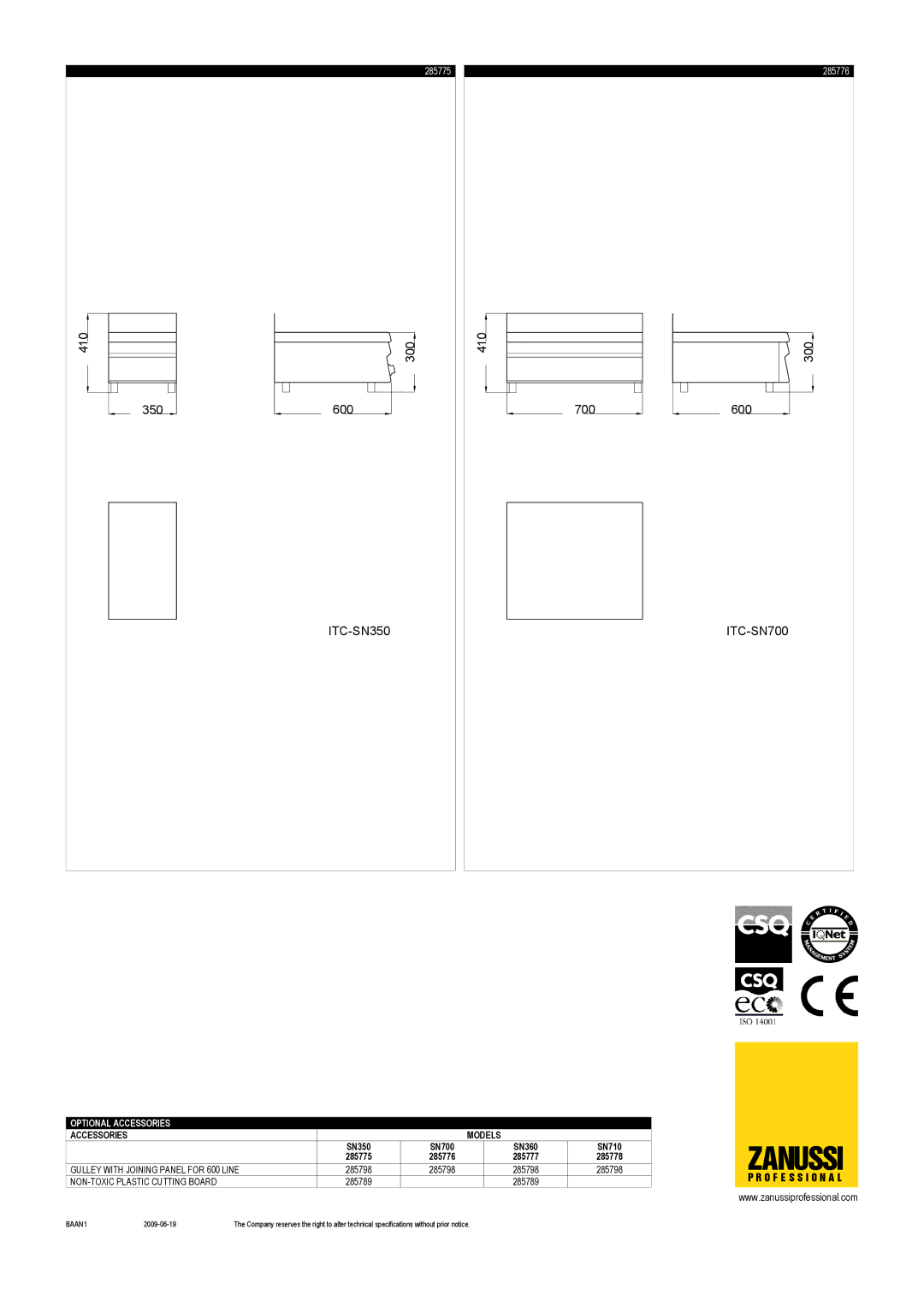 Zanussi 285778, 285775, 285776 Zanussi, Gulley with Joining Panel for 600 Line, SN700 SN360 SN710, O F E S S I O N a L 