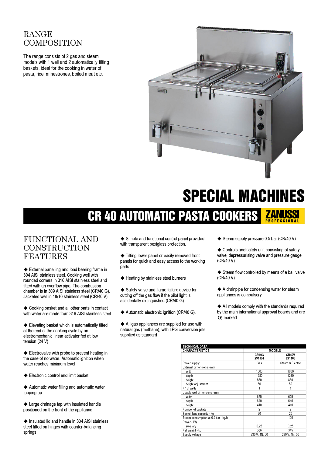 Zanussi 291164, 291165, CR40V, CR40G dimensions Range Composition, Functional and Construction Features 