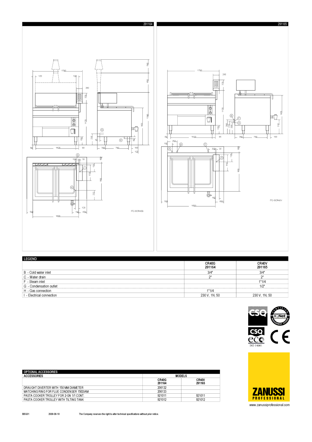 Zanussi CR40V, 291165, 291164, CR40G dimensions 206132, 921011, 206133, 921012 