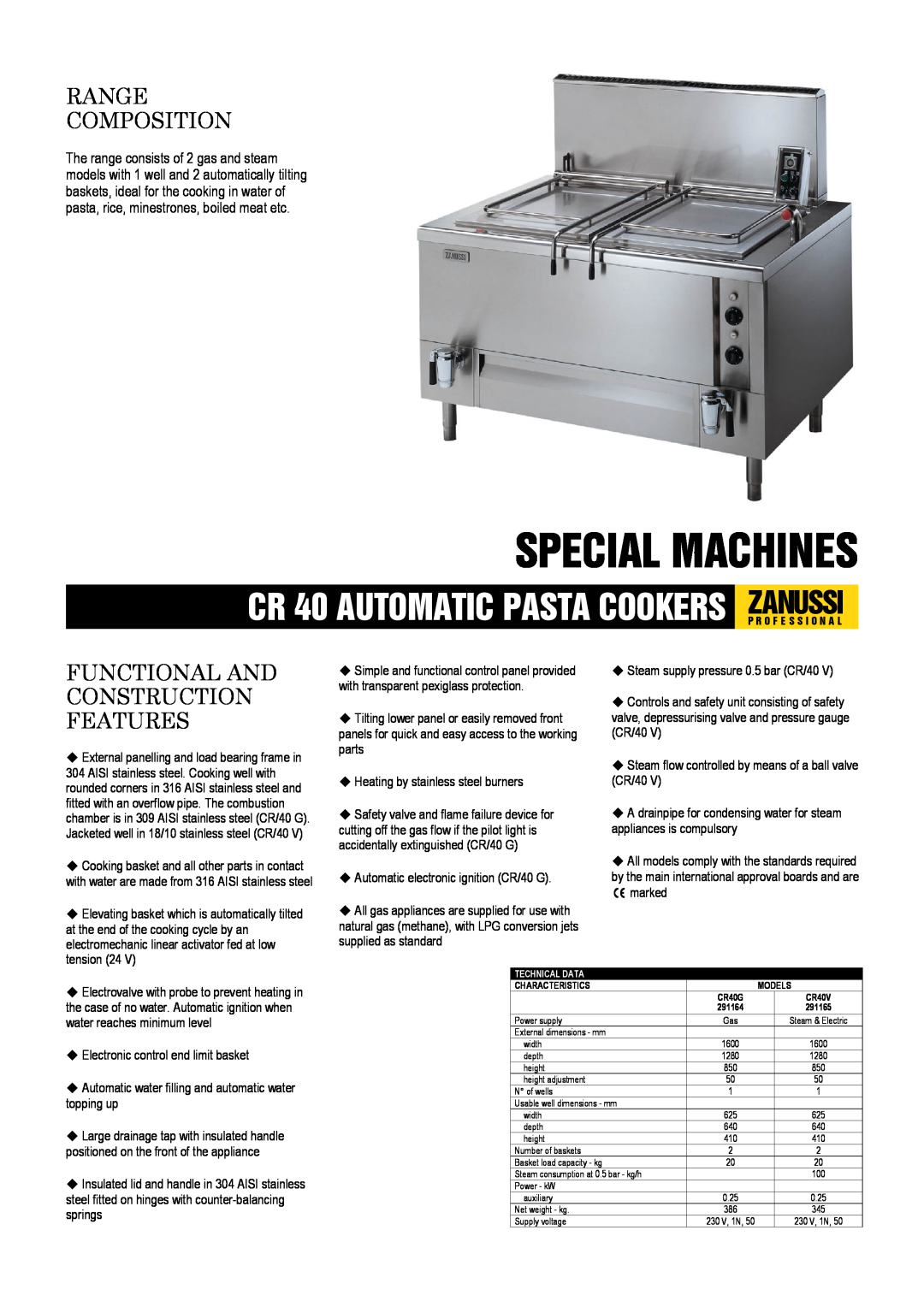 Zanussi 291164, 291165, CR40V, CR40G dimensions Special Machines, Range Composition, Functional And Construction Features 