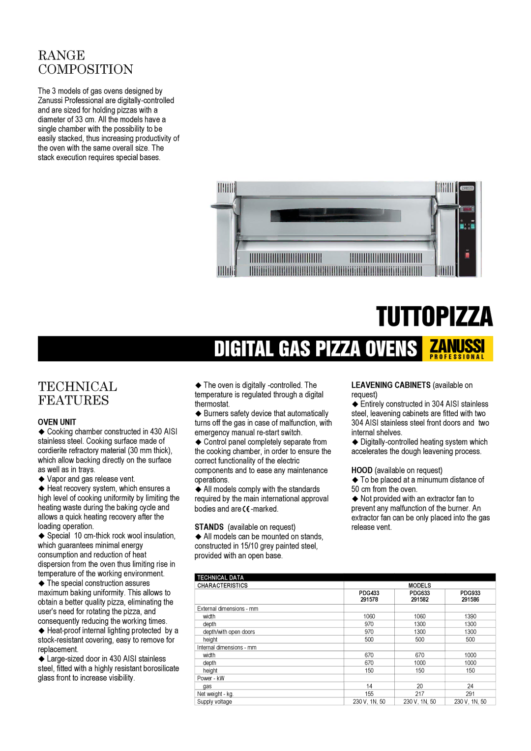 Zanussi 291578, 291582, 291586, PDG633, PDG433, PDG933 dimensions Range Composition, Technical Features 