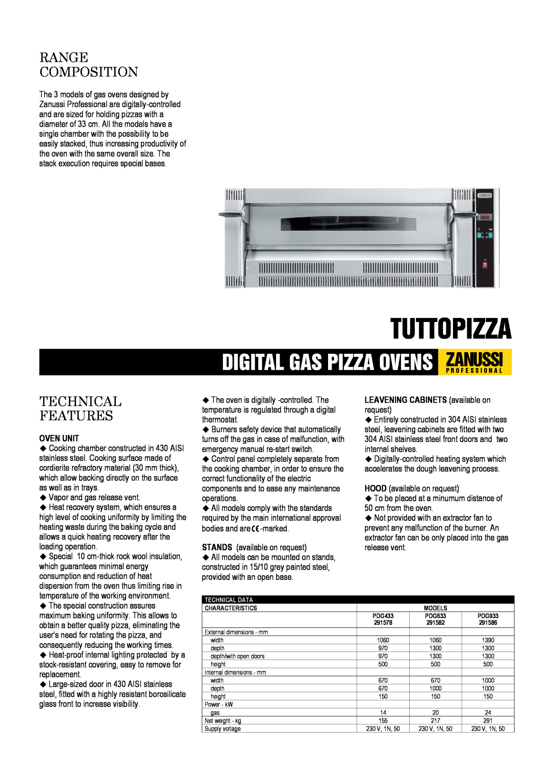 Zanussi 291578 dimensions Tuttopizza, Digital Gas Pizza Ovens Zanussip R O F E S S I O N A L, Range Composition, Oven Unit 