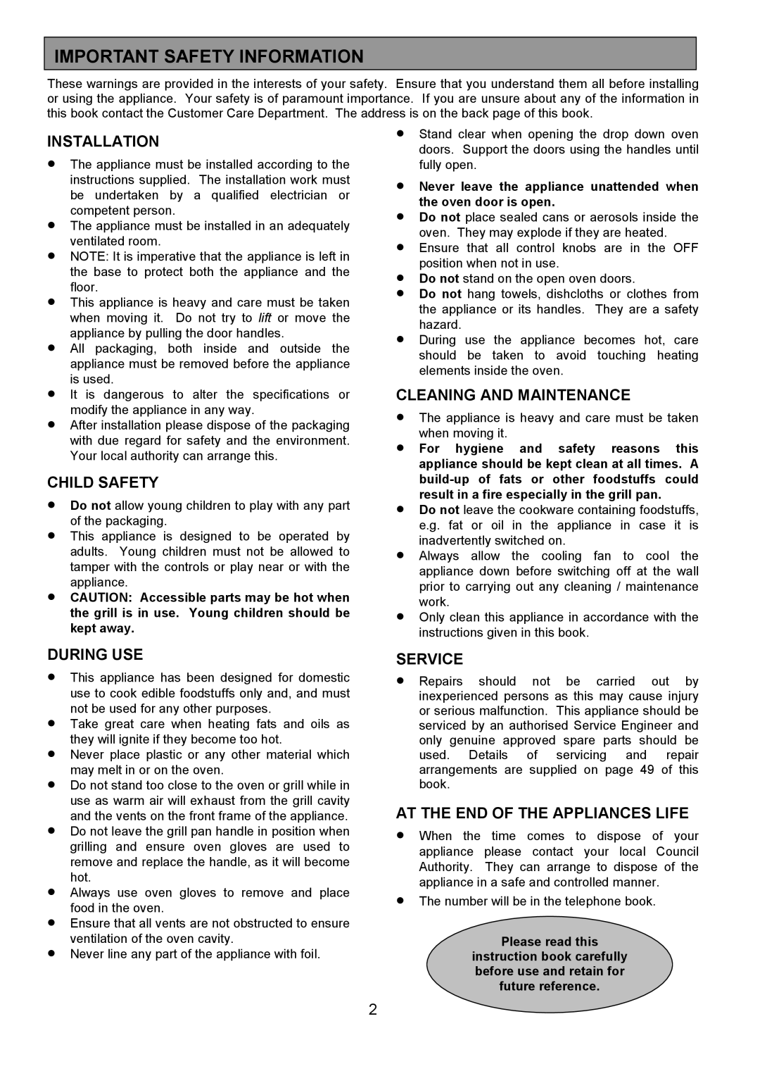 Zanussi 311608901 manual Important Safety Information 