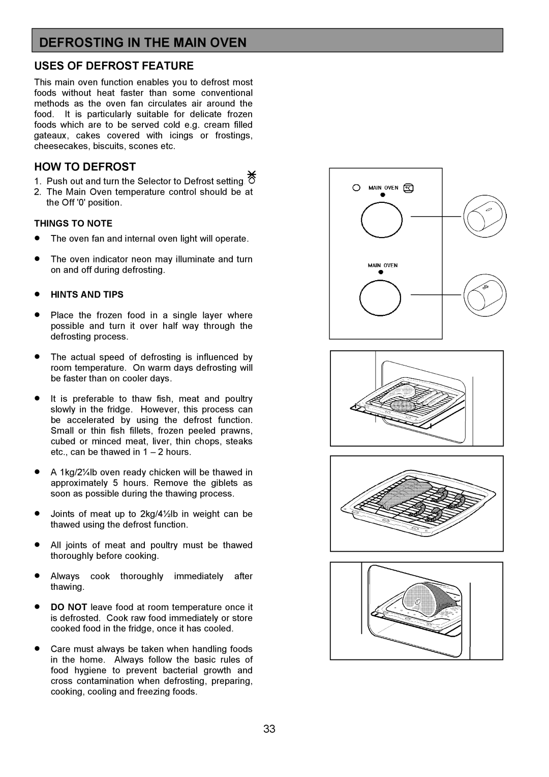 Zanussi 311608901 manual Defrosting in the Main Oven, Uses of Defrost Feature 