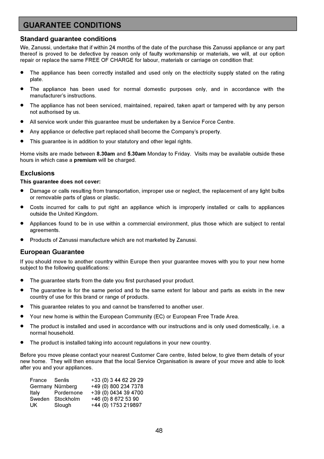 Zanussi 311608901 manual Guarantee Conditions, Standard guarantee conditions 