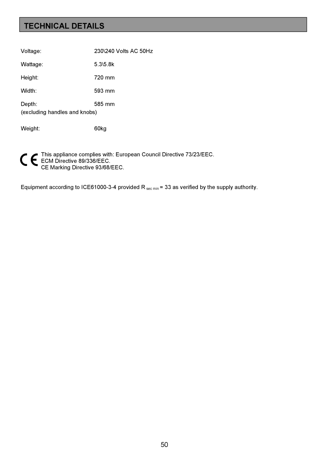 Zanussi 311608901 manual Technical Details 