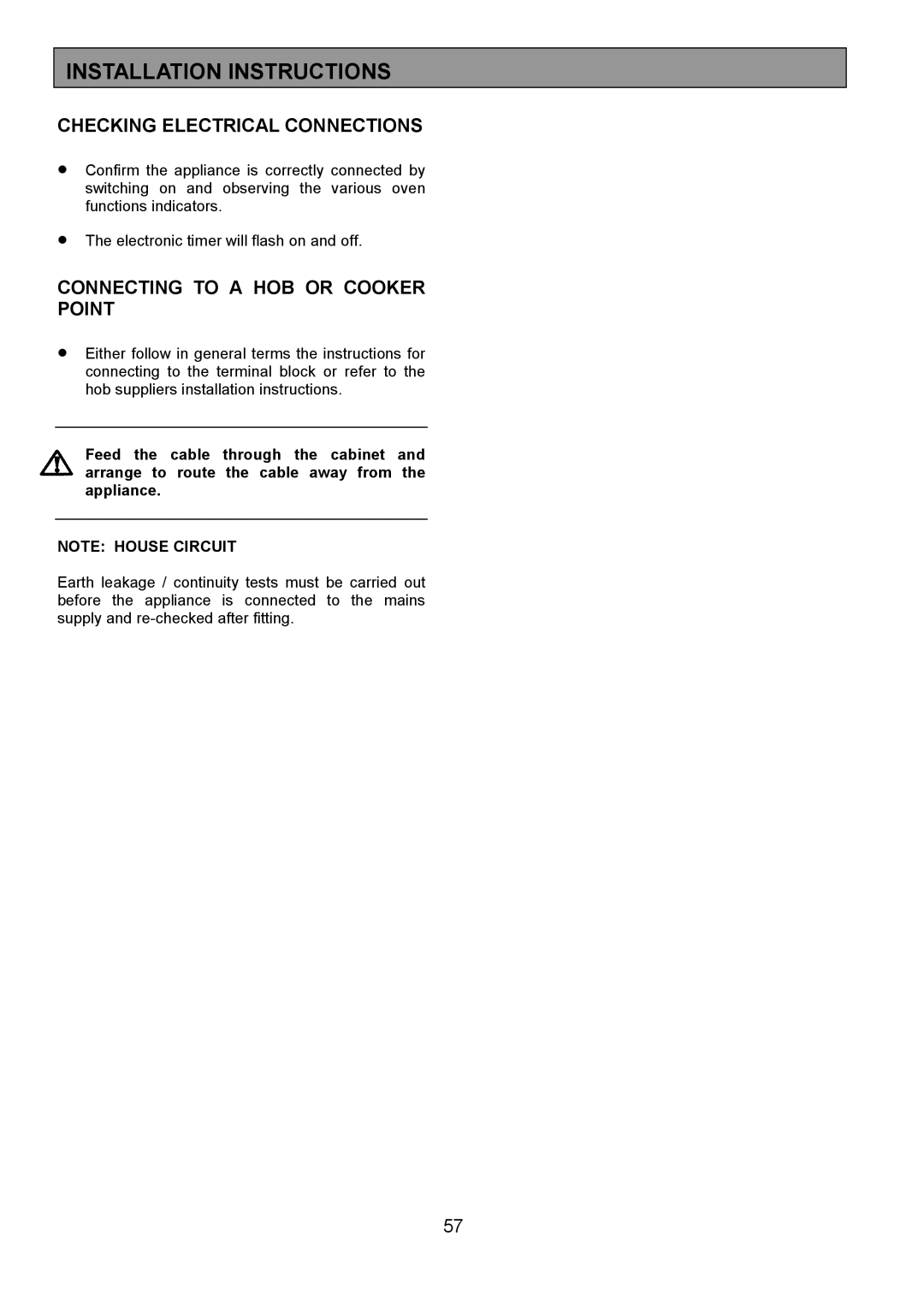 Zanussi 311608901 manual Checking Electrical Connections, Connecting to a HOB or Cooker Point 