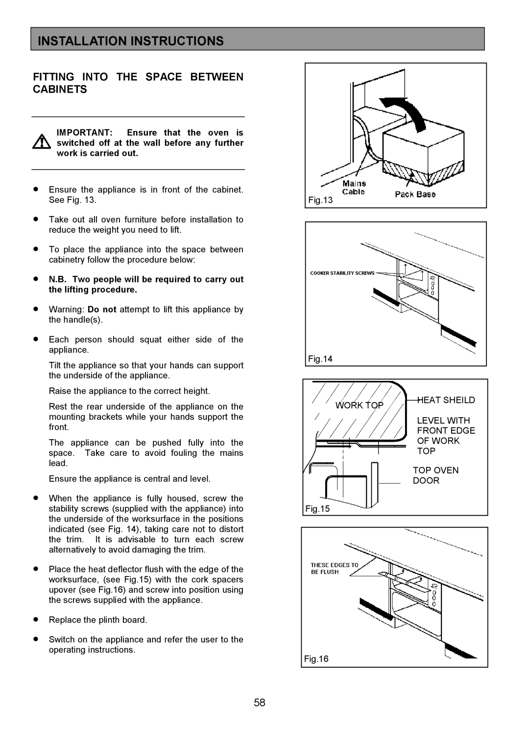 Zanussi 311608901 manual Fitting Into the Space Between Cabinets, Lifting procedure 