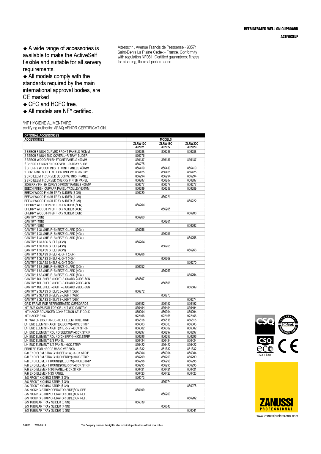 Zanussi 332023, 332022, 332021 Certifying authority Afaq Afnor Certification, Refrigerated Well on Cupboard Activeself 