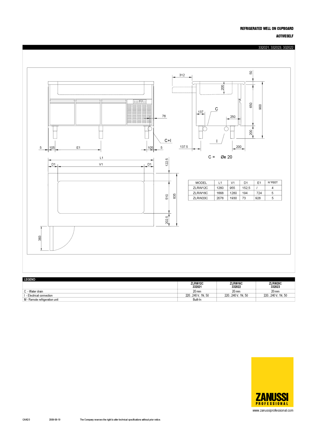 Zanussi 332022, 332021, 332023 dimensions = Øe, ZLRW12C ZLRW16C ZLRW20C 