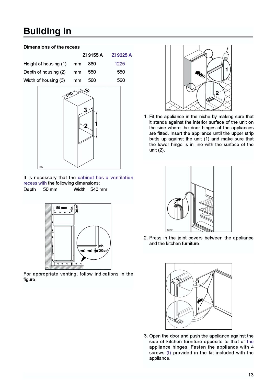 Zanussi Refrigerator, 338, ZI 9155 A, ZI 9225 A manual Building, Dimensions of the recess ZI 9155 a 