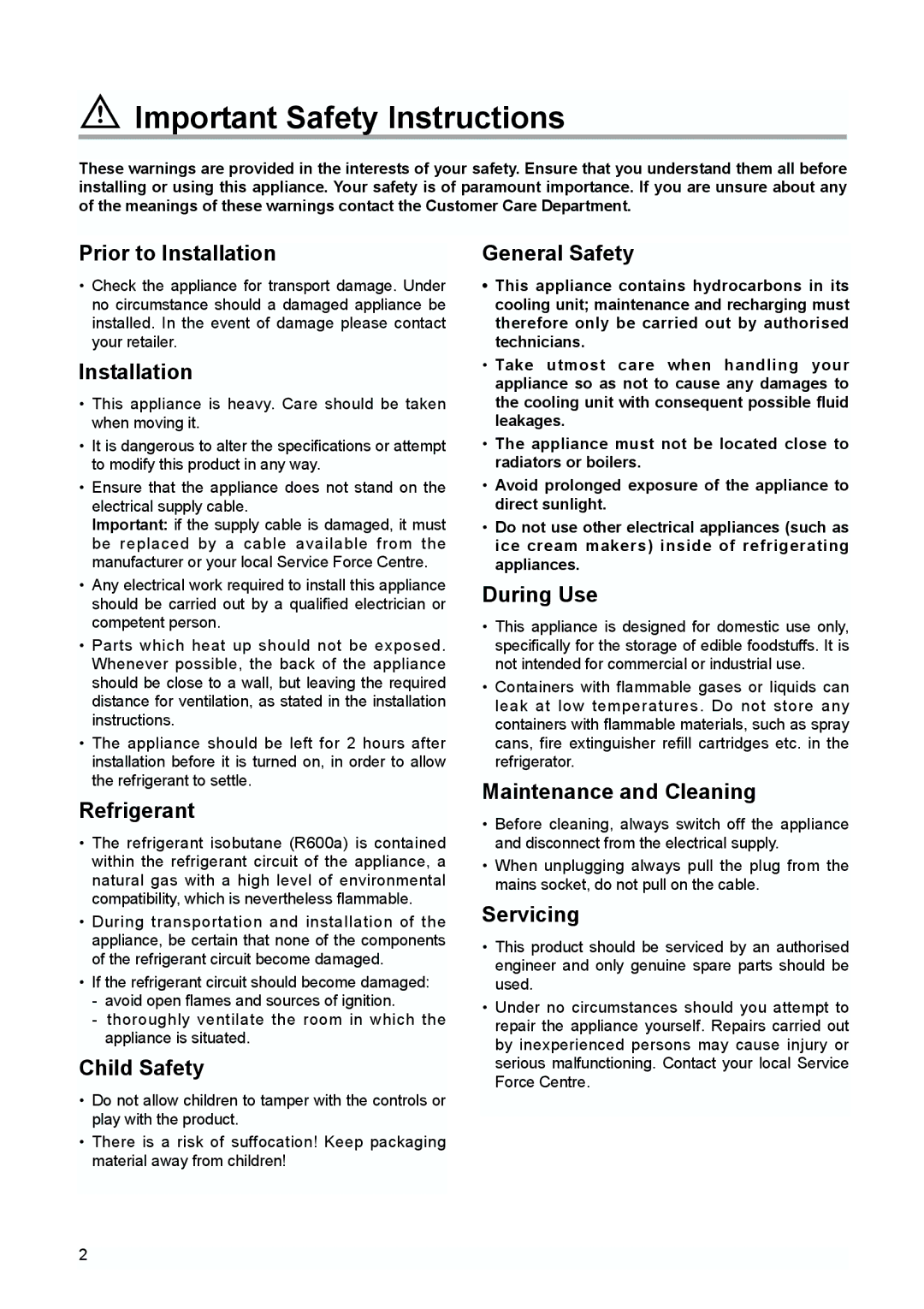 Zanussi ZI 9155 A, 338, Refrigerator, ZI 9225 A manual Important Safety Instructions 