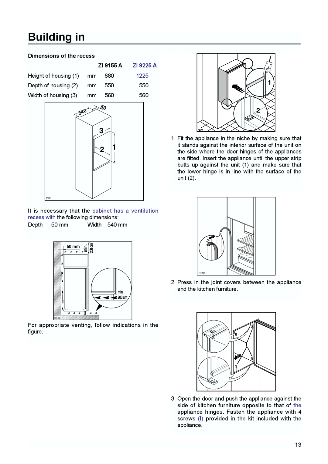 Zanussi Refrigerator, 338, ZI 9155 A manual Building in, 1225, ZI 9225 A 