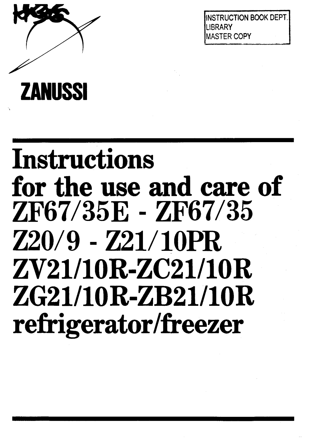 Zanussi 9 - Z21, 35E - ZF67/35, ZV21, 10PR, 10R-ZC21, 10R-ZB21 manual 
