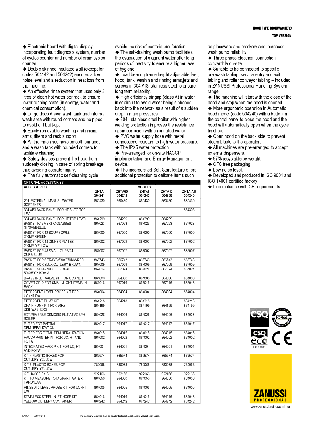 Zanussi 504242, 504240, 504241, ZHTAIAU, ZHTAID ISO 14001 certified factory, Compliance with CE requirements, 504238 