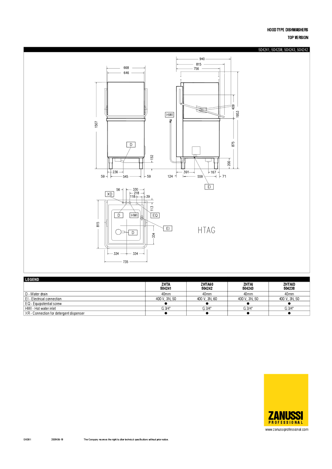 Zanussi 504240, 504242, ZHTAIAU, ZHTAID, ZHTA60 dimensions 504241, 504243 504238 