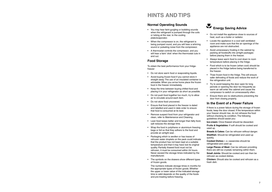 Zanussi Z 57/3 W Z Hints and Tips, Normal Operating Sounds, Food Storage, Energy Saving Advice, Event of a Power Failure 